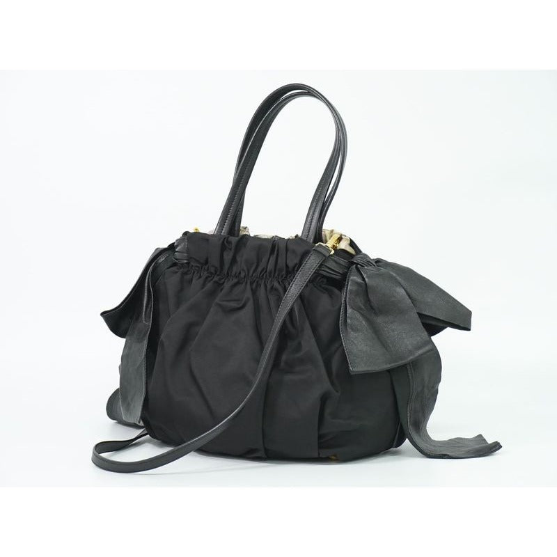 Prada Python Pattern 2-Way Shoulder Bag Handbag Pochette Nylon Black — view 2