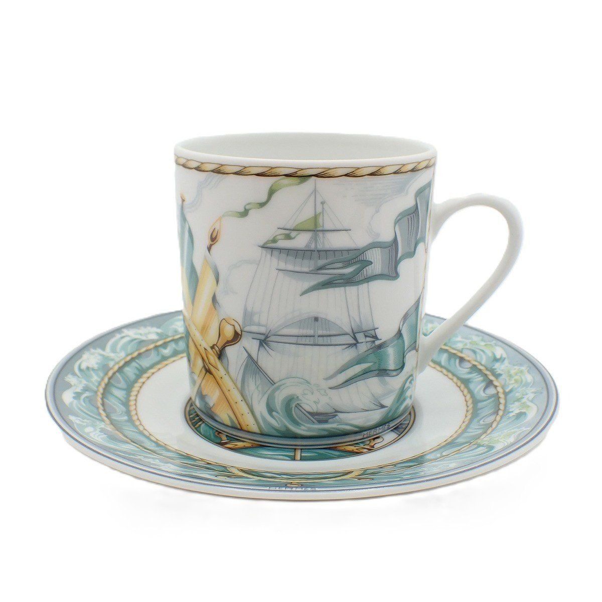 Hermes Cup and Saucer Patch Work Gust of Wind Ceramic White Green