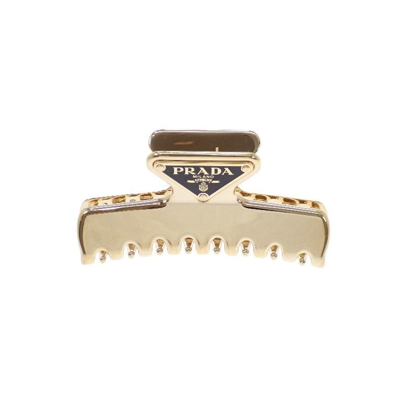 Prada Hair Clip Metal Gold Black Triangle Logo