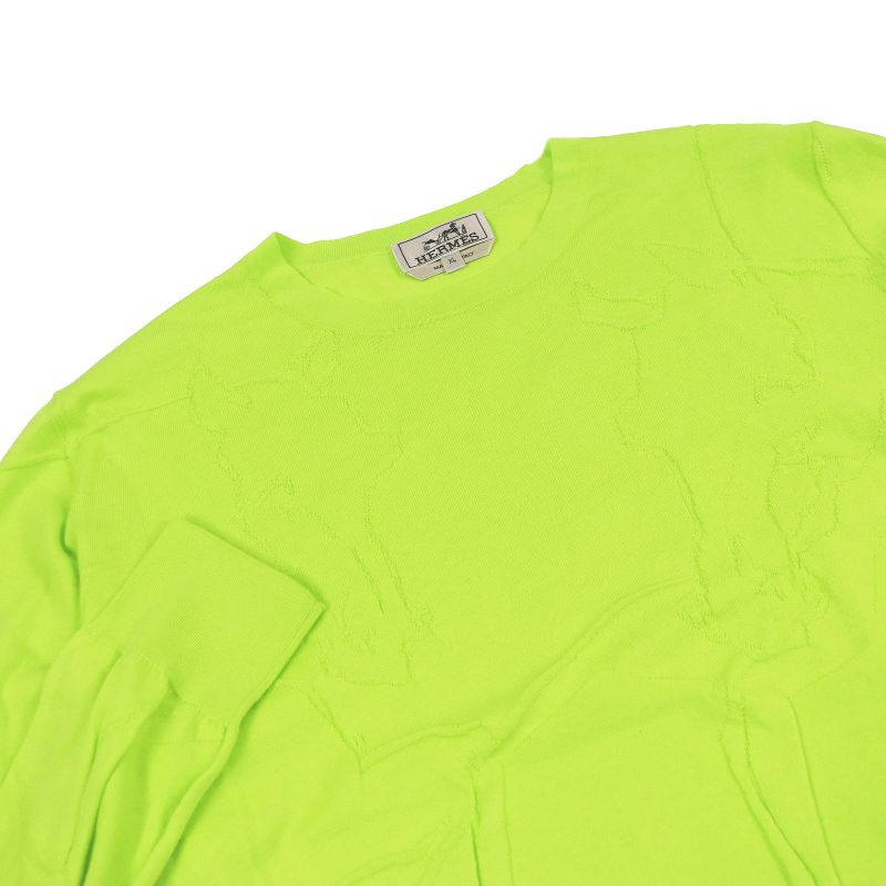 Hermes 2021 Horse Pattern Crew Neck Light Hand Long Sleeve Knit Sweater Lime