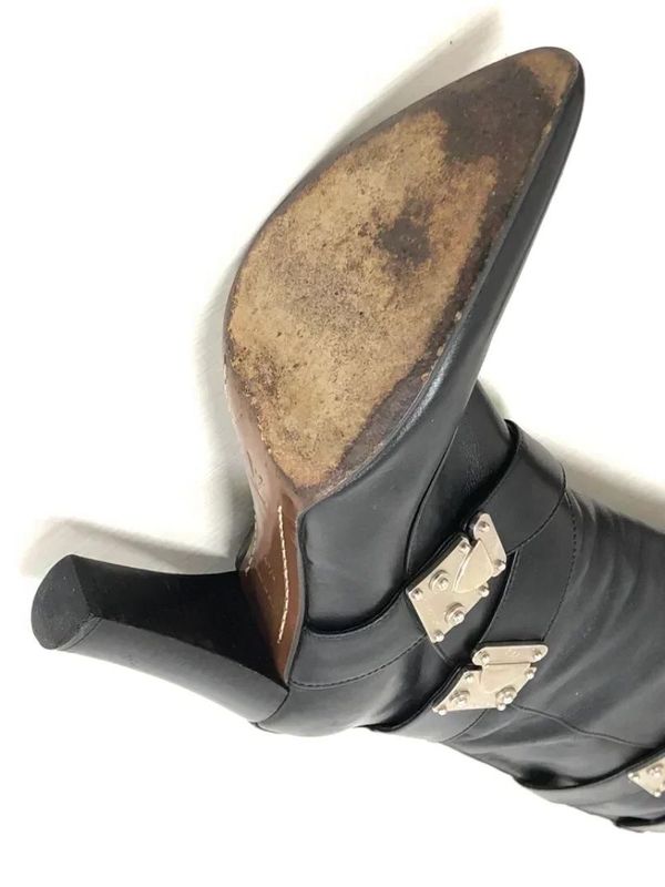 Louis Vuitton Leather Cross Belt Heel Long Boots Women's 34 1 2 El0503 Black