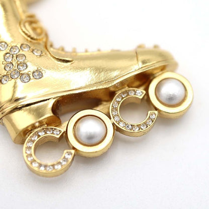 Chanel Roller Skate Earrings F24 COCO Mark Faux Pearl Rhinestone Gold Color