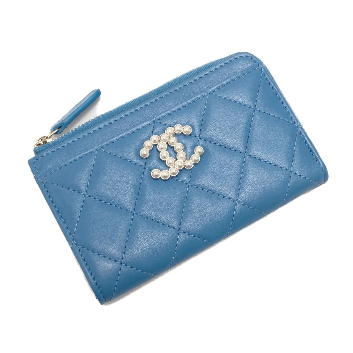 Chanel Quilted Faux Pearl Card Case Ap3836 Blue Coco Mark Lambskin Coin