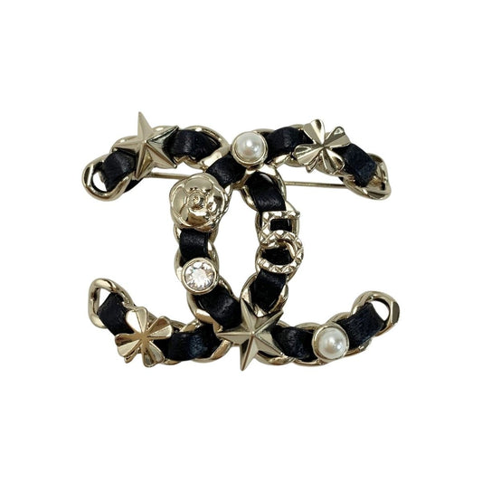 Chanel Coco Mark Rhinestone Faux Pearl Brooch B22 V Black Gold Leather