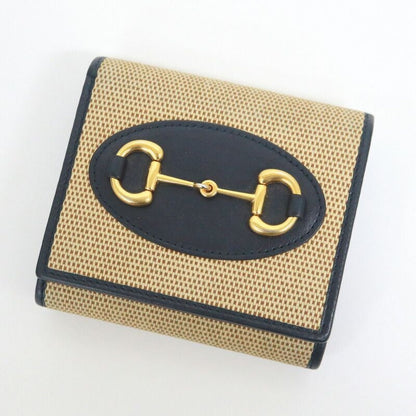 Gucci Bifold Wallet Horsebit Canvas Leather Gold Beige Navy