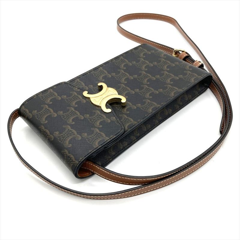 Celine Triomphe Mobile Pouch Pochette Leather Brown Gold Hardware Signature