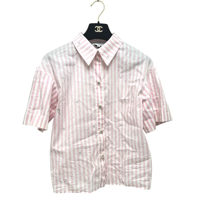 Chanel Short Sleeve Shirt Coco Beach Stripe P76220 Cotton Pink