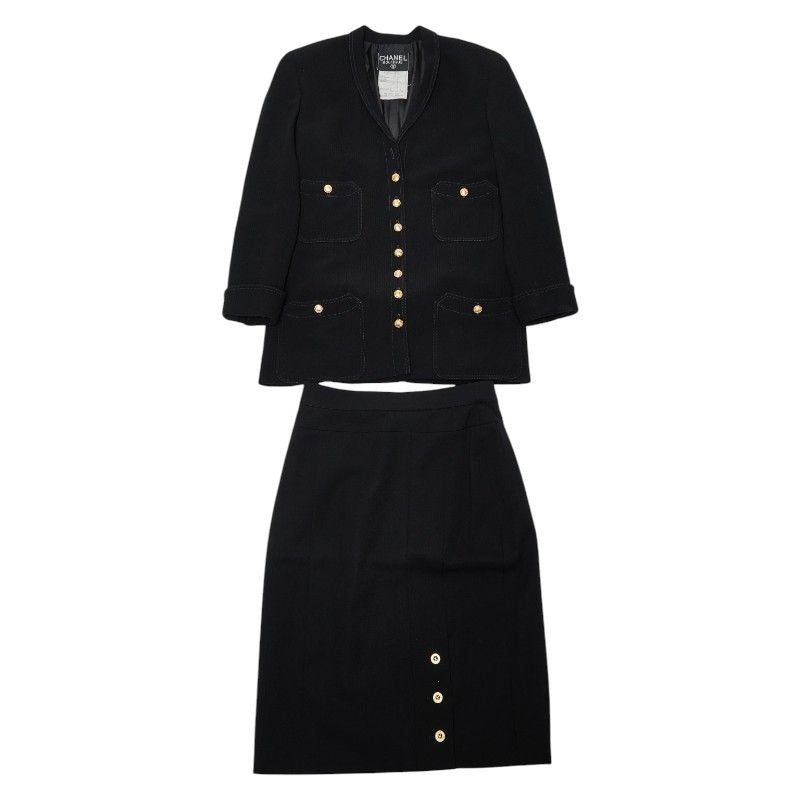 Chanel Coco Mark Gold Button Set Suit Jacket Skirt Size 38 Black Wool Silk