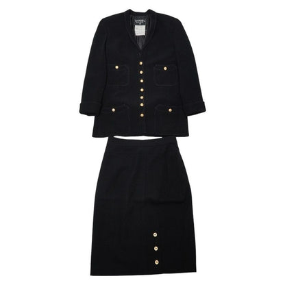 Chanel Coco Mark Gold Button Set Suit Jacket Skirt Size 38 Black Wool Silk