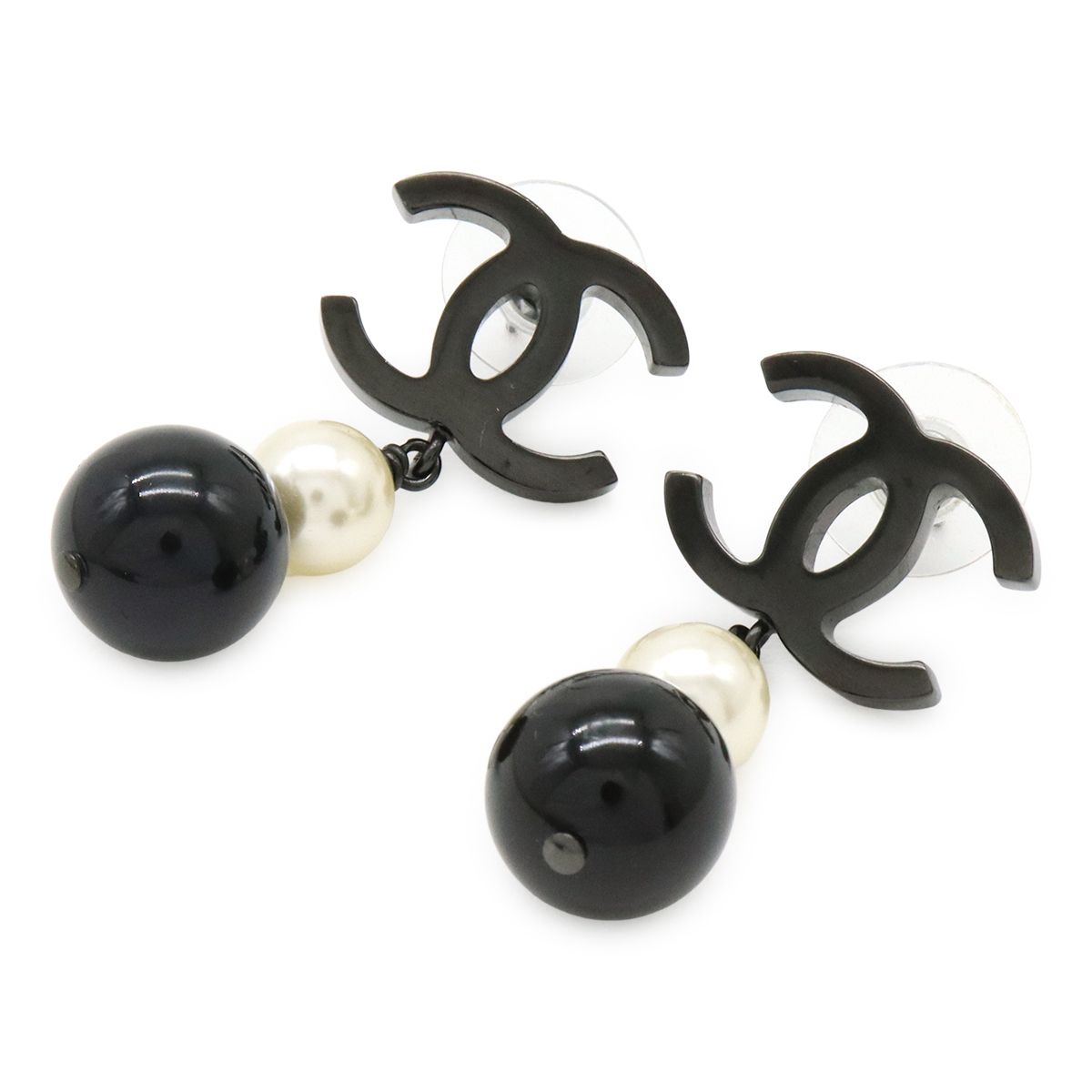 Chanel Coco Pearl Earrings Swing Earrings Metal Faux Pearl Black Black B14 B