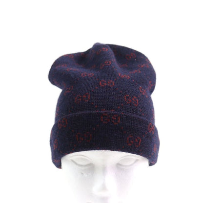 Gucci 534812 4g295 Alpaca 85% GG Beanie Knit Cap Navy Red M 58 Made In Italy