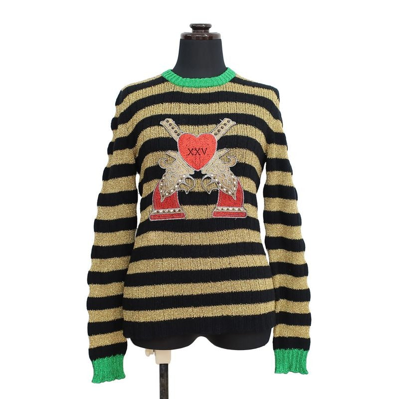 Gucci Knit Sweater Black Gold Border Size XS Embroidery Top