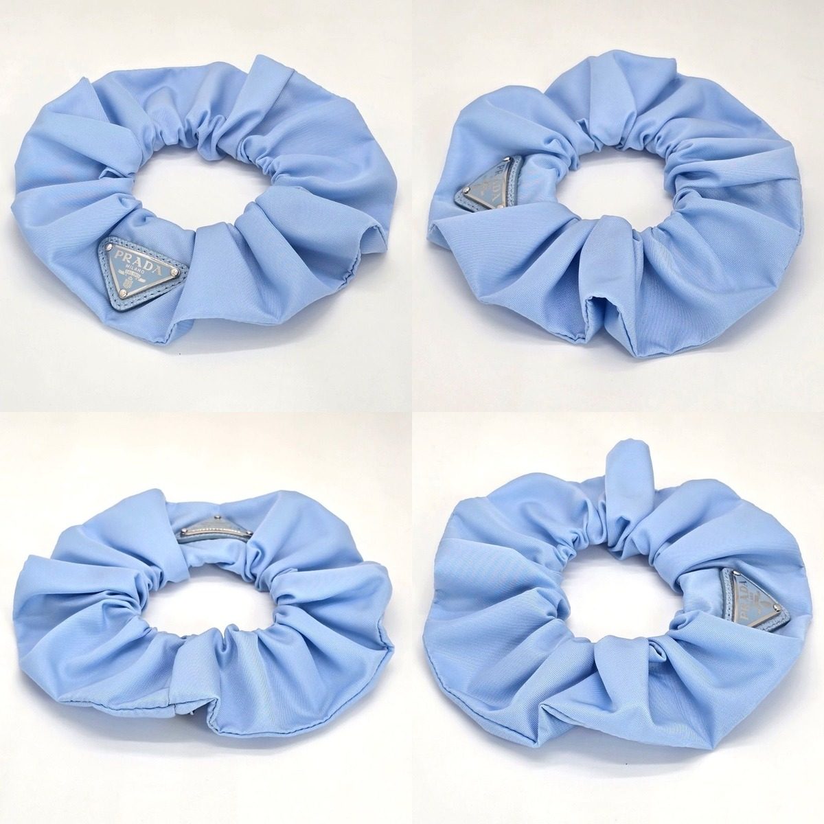 Prada Scrunchie Hair Triangle Logo Celeste Sky Blue Color Tessuto Recycled — view 2