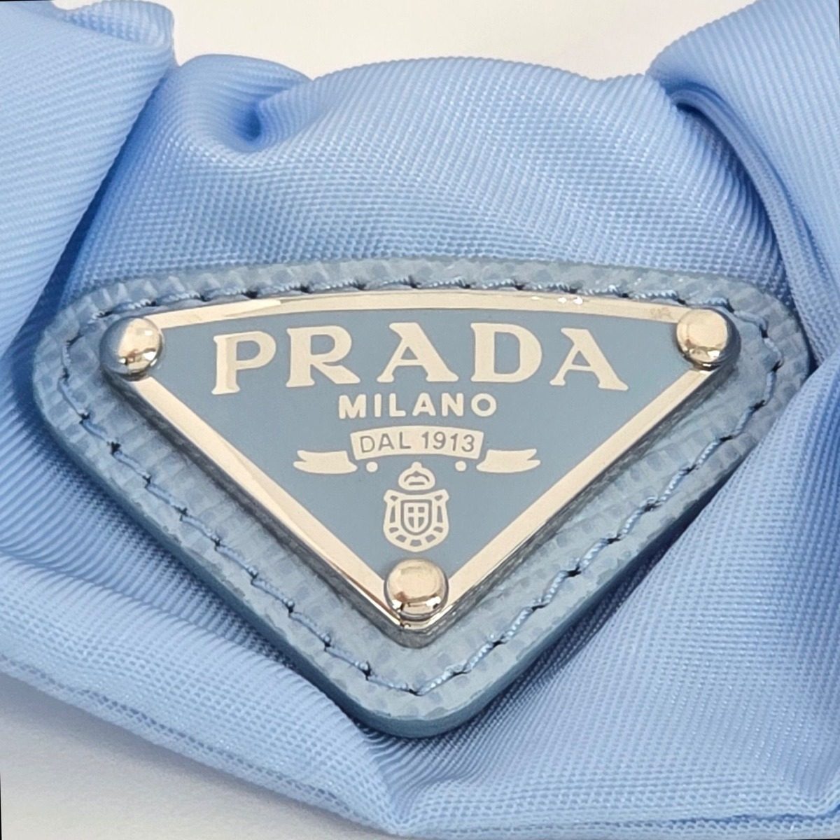 Prada Scrunchie Hair Triangle Logo Celeste Sky Blue Color Tessuto Recycled — view 4