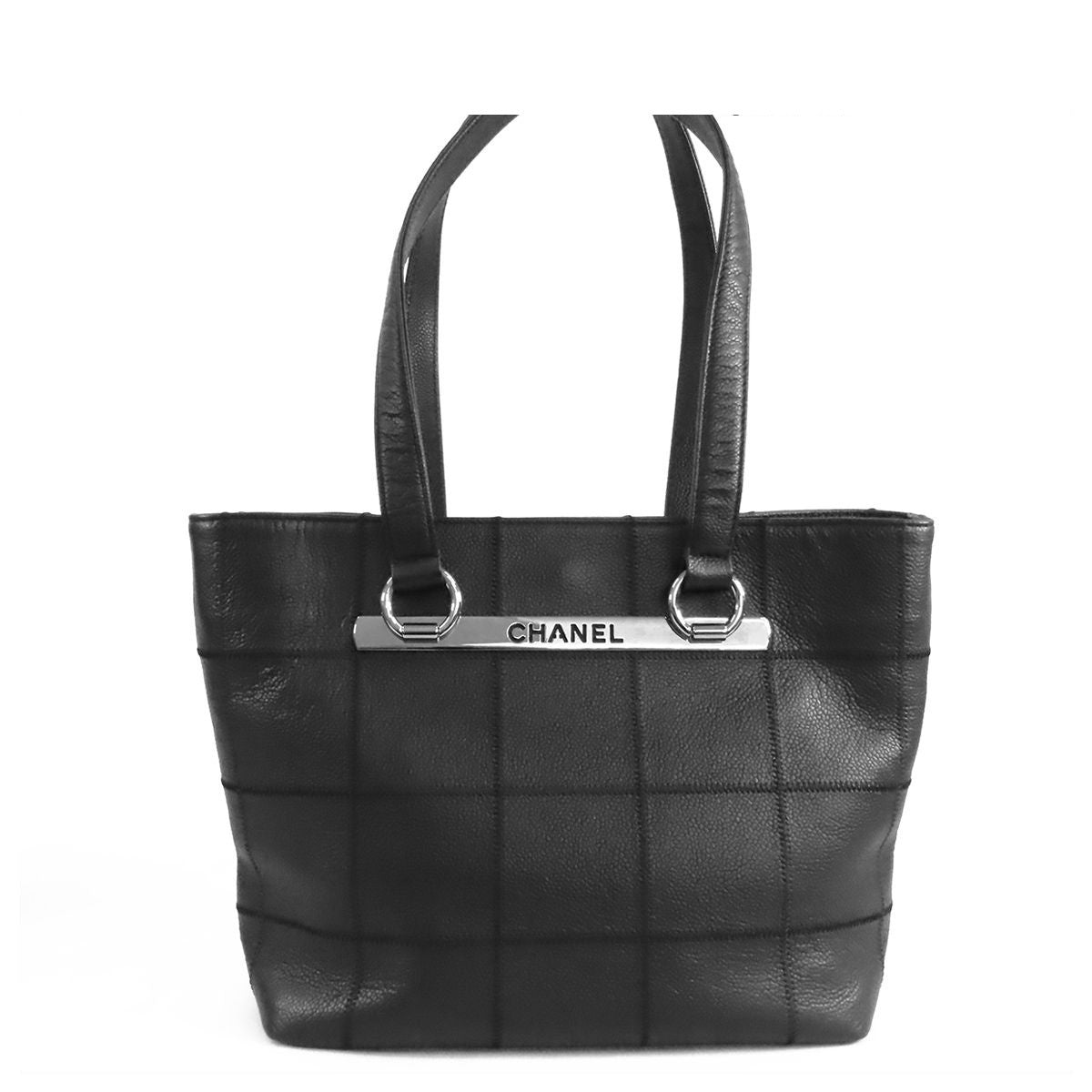 Chanel Choco Bar Tote Black Silver Caviar Leather Logo Plate Shoulder Bag