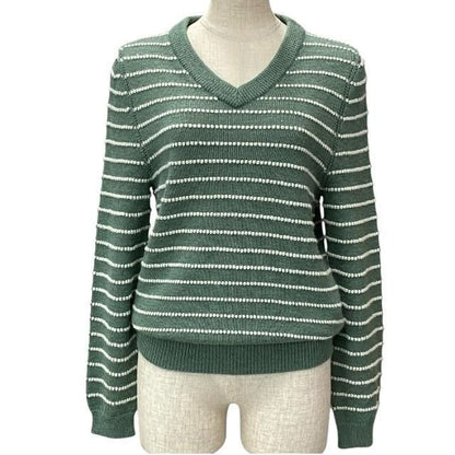Gucci Sweater Top Long Sleeves V-neck Striped Alpaca Wool Green