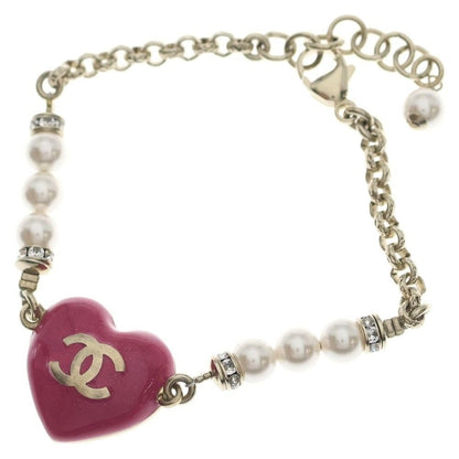 Chanel CC Logo Line Stone Costume Pearl Gold Pink Bracelet