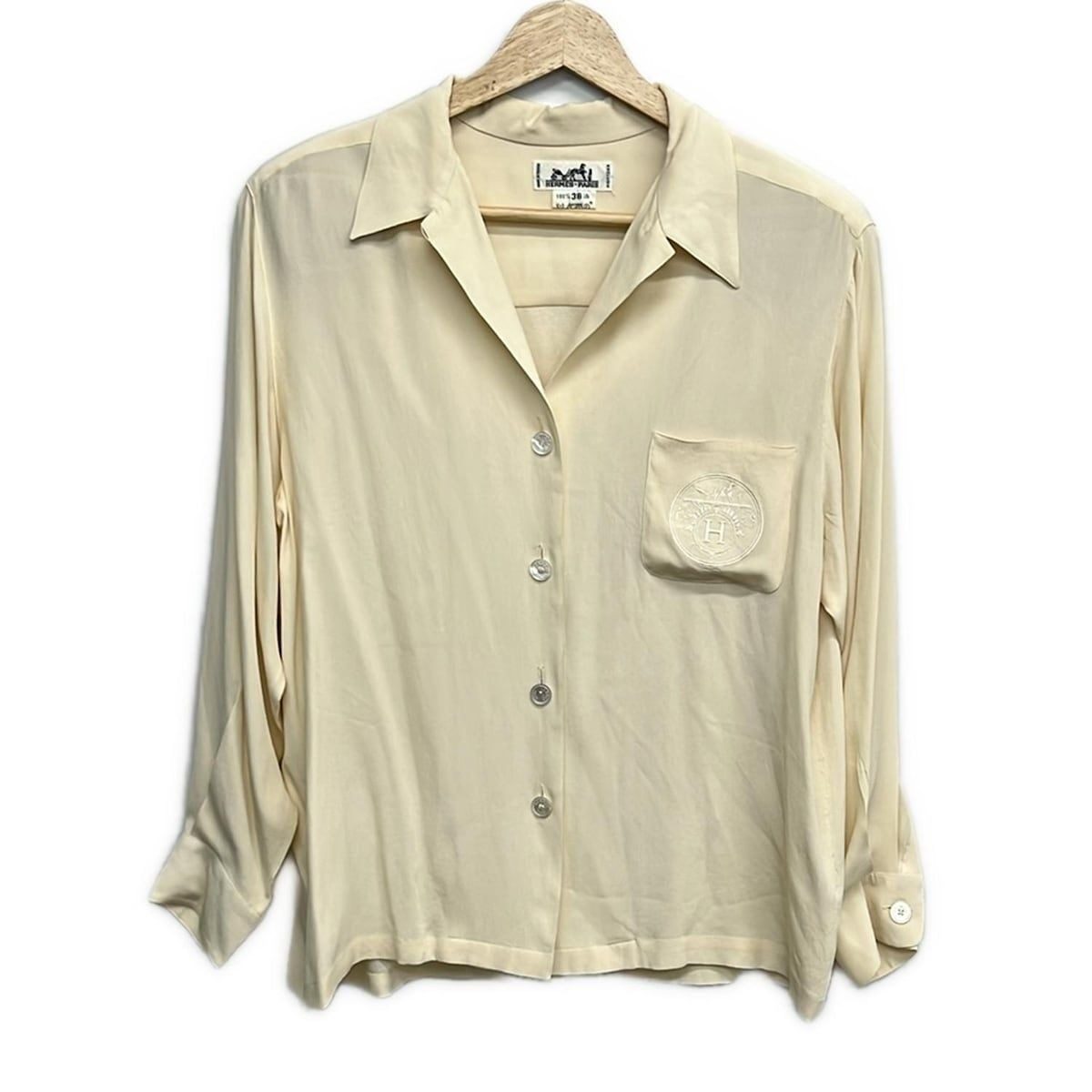 Hermes Long Sleeve Shirt Blouse 38 M Beige Silk Shoulder Pad H Logo