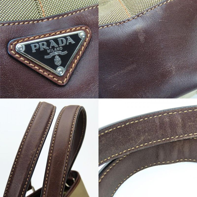 Prada Tote Canvas Leather Beige Brown Silver Hardware Logo Shoulder Casual
