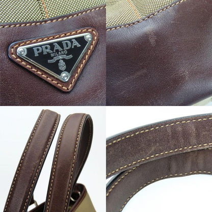Prada Tote Canvas Leather Beige Brown Silver Hardware Logo Shoulder Casual