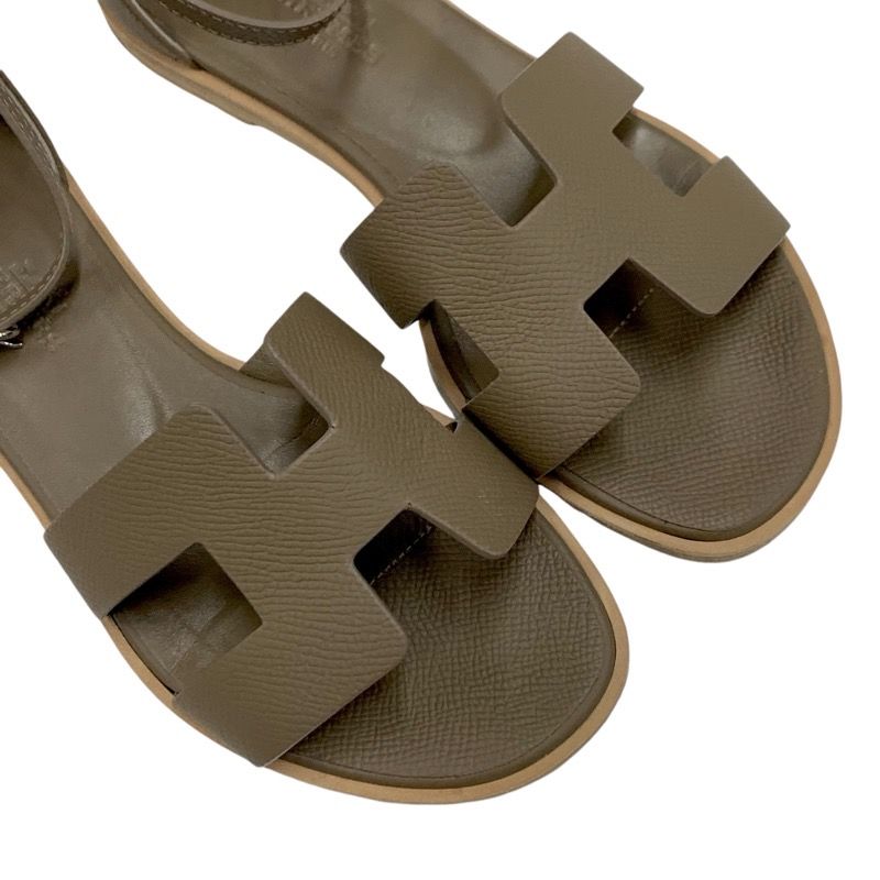 Hermes Santorini Sandals Shoes Leather Brown Flat Sandals Etoupe