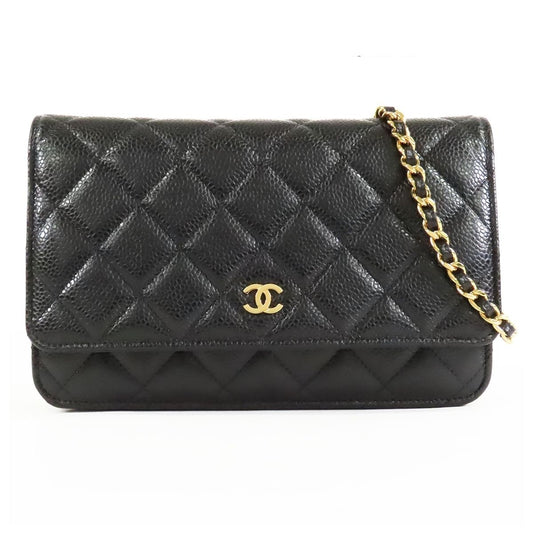 Chanel Chain Wallet Black Gold Caviar Leather Quilted Stitching CC Logo