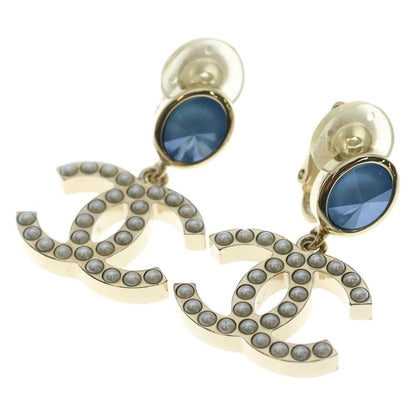 Chanel CC Logo Faux Pearl Blue Stone Earrings Gold White