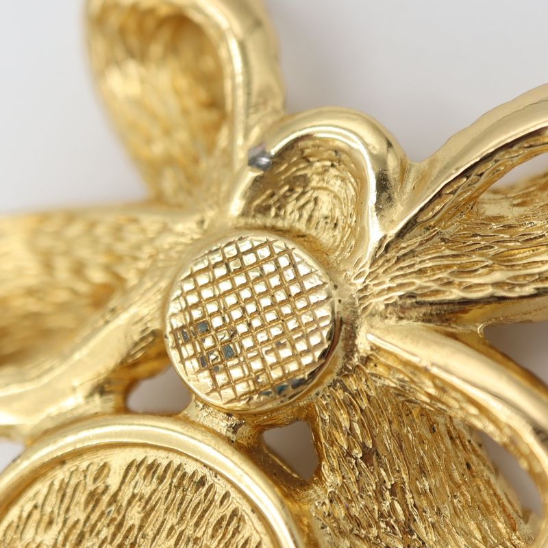 Christian DIOR Earrings Ribbon Faux Pearl Gold Color Accessories Women H1745