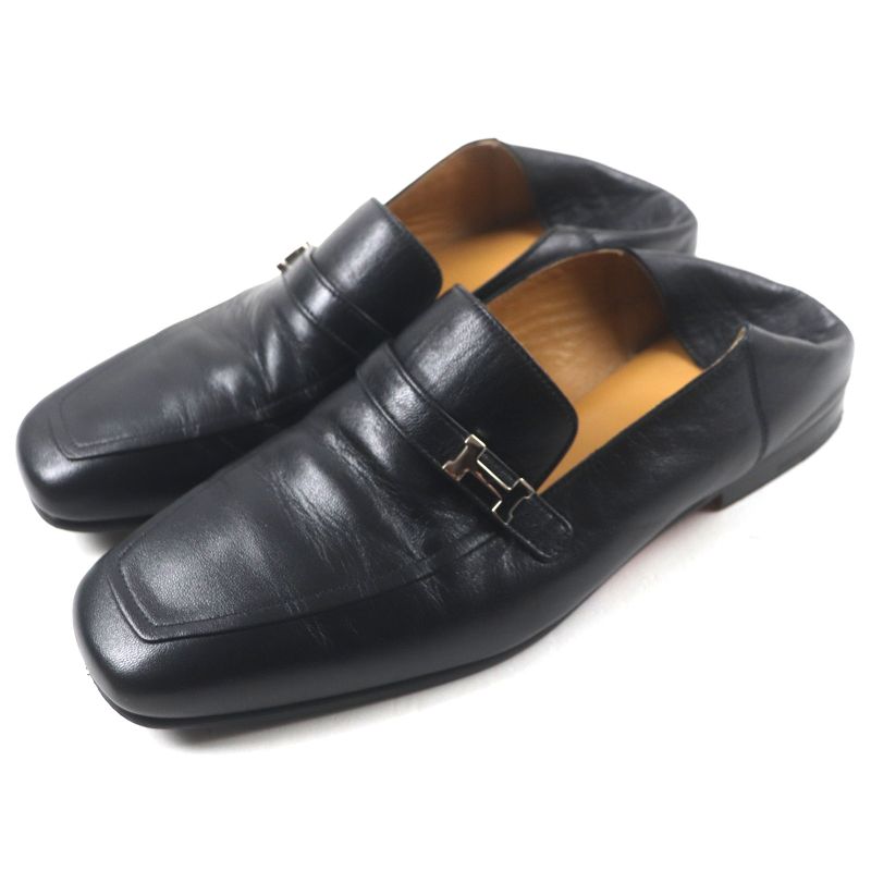 Hermes 2023 231992 Leather Silver Hardware H Logo Square Toe 2 Way Loafer