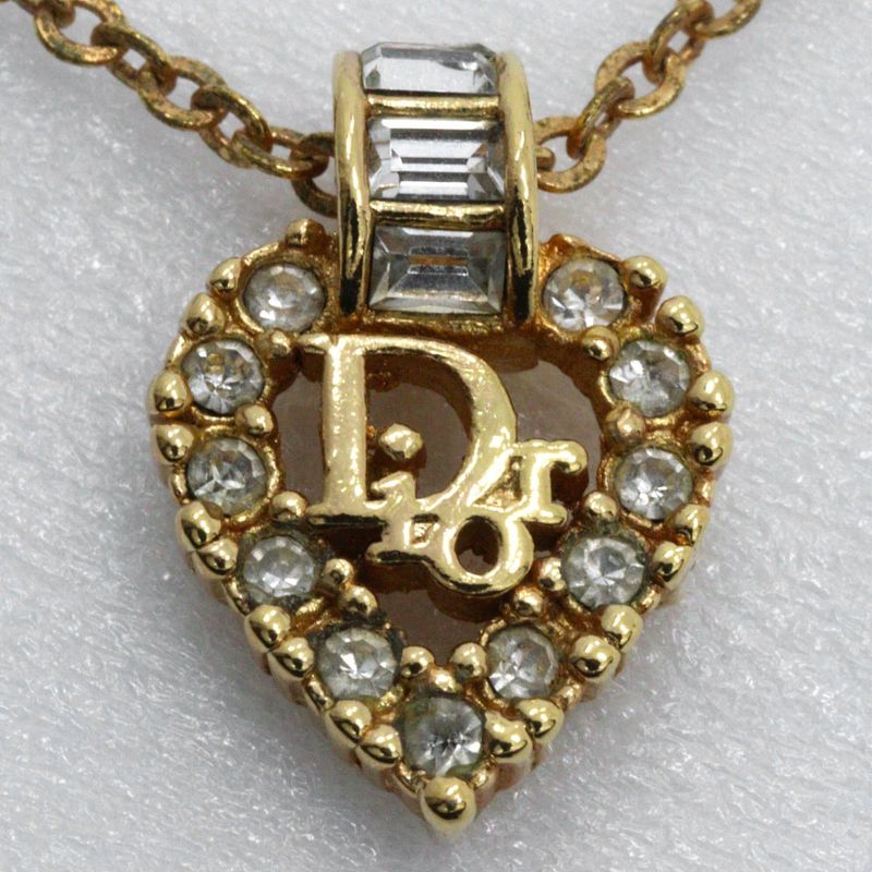 [dior] Christian Dior Logo Heart Gold Plated And Rhinestone Ladies 6.1g Necklace