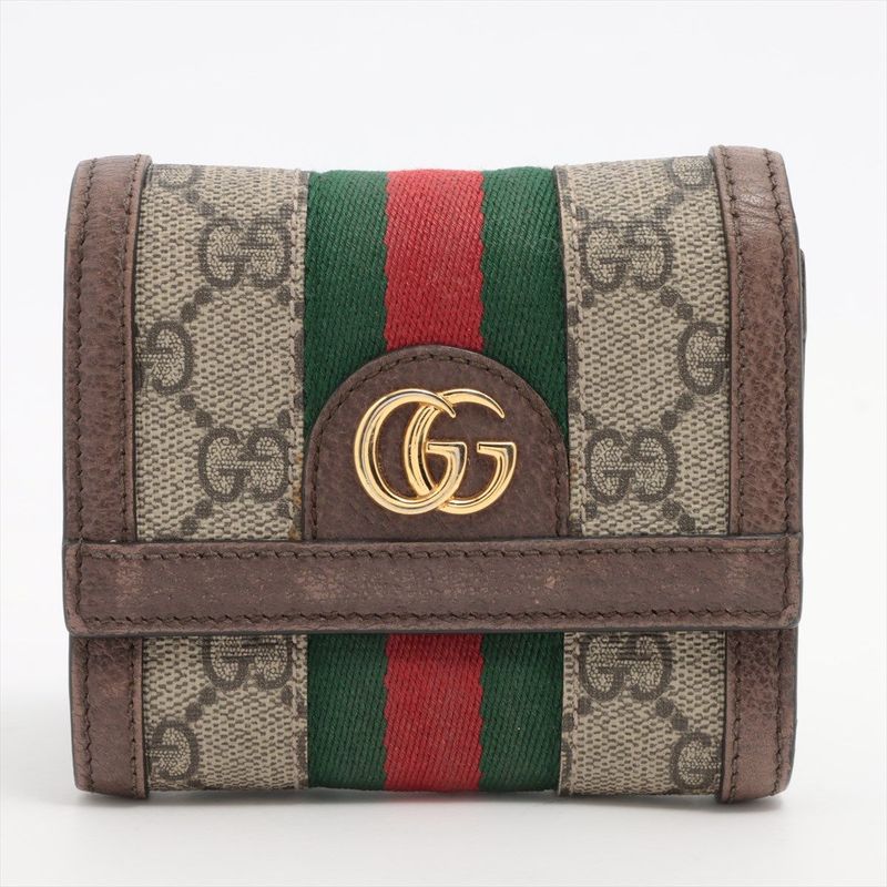 Gucci Ophidia GG Supreme PVC X Leather Compact Wallet 523174 Beige X Ebène Made