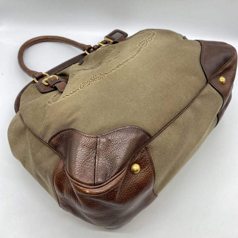 Prada Logo Jacquard Tote Handbag Leather Brown Beige Women Men Vintage Fashion