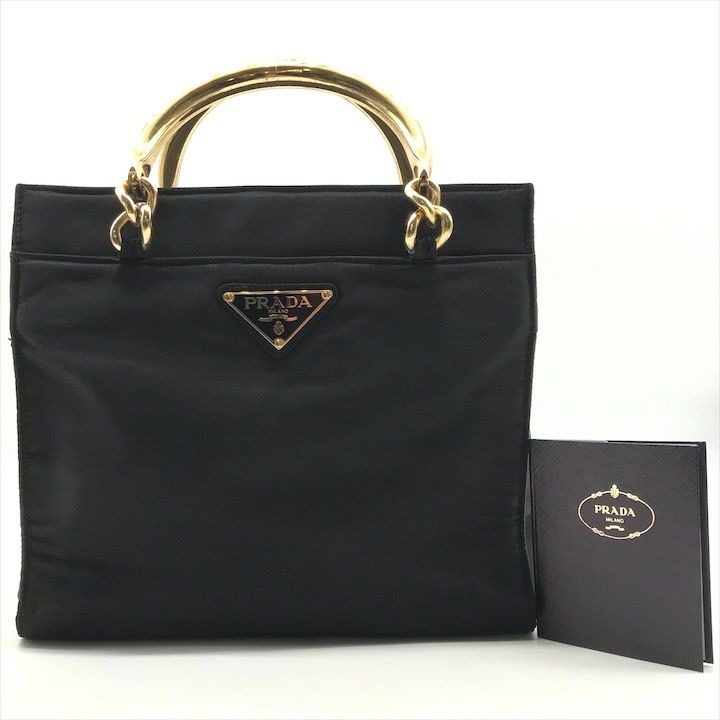 Prada Triangle Logo Nylon Tessuto Metal Handle Hand Bag Black Gold