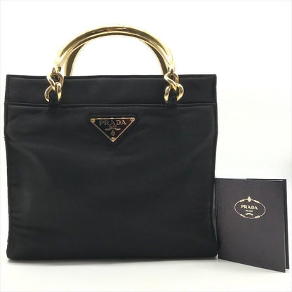 Prada Triangle Logo Nylon Tessuto Metal Handle Hand Bag Black Gold