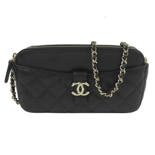 Chanel Phone Case Black Gold Caviar Leather Quilted CC Logo Chain