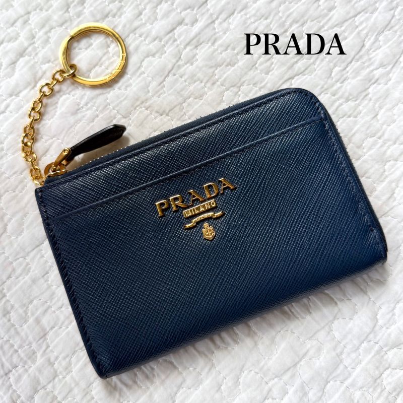 Prada Saffiano Leather Coin Case with Key Ring Navy Gold Hardware 1pp122 Bruette