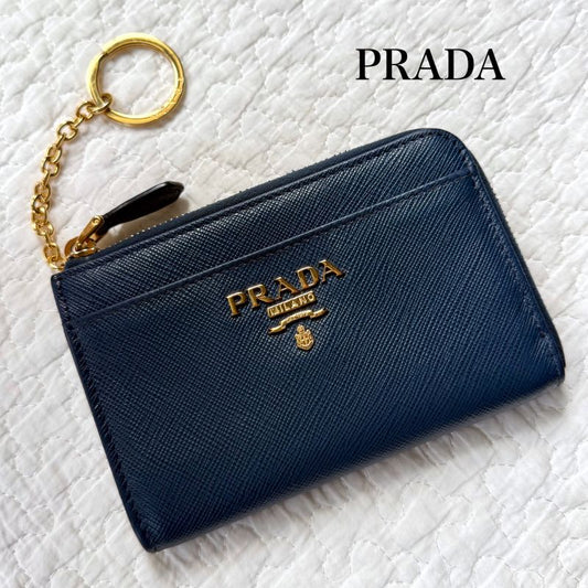 Prada Saffiano Leather Coin Case with Key Ring Navy Gold Hardware 1pp122 Bruette