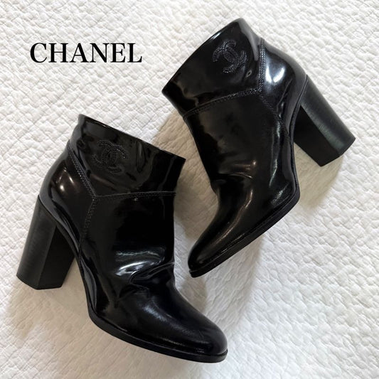 Chanel Short Boots Coco Patent Leather CC Mark Black 35 1 2