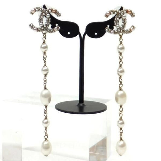 Chanel Swing Earrings Metal Costume Pearl Champagne Gold White CC