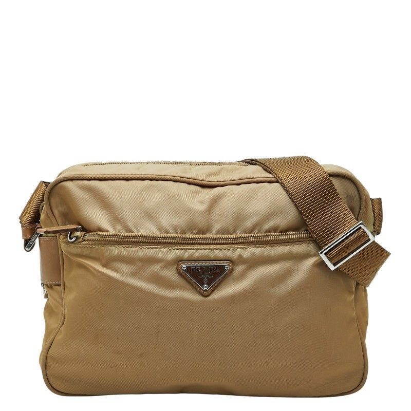 Prada Shoulder Bag Beige Brown Nylon Leather