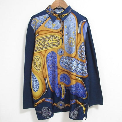 Hermes Festival Twill Raine Long Sleeve Knit Polo Shirt Size L Navy