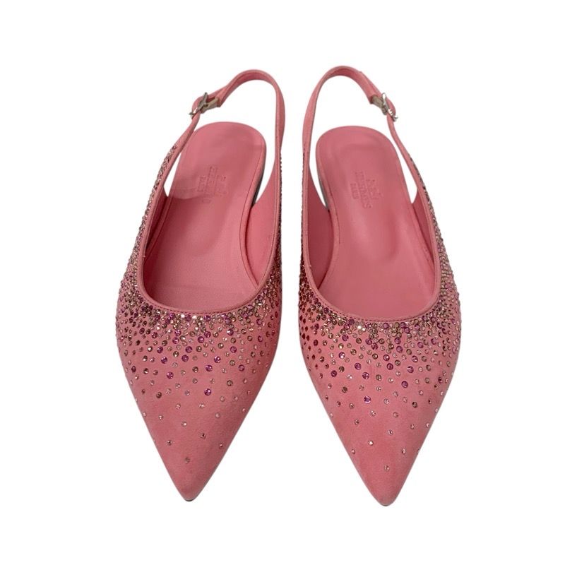 Hermes Flat Shoes Suede Pink Unused Ring Back Rhinestone