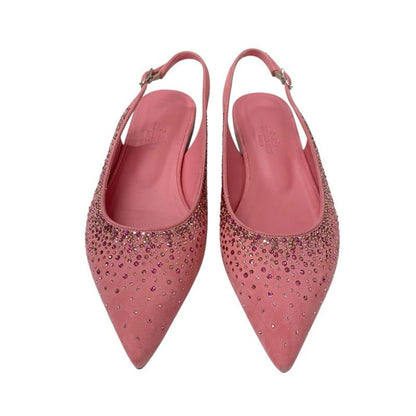 Hermes Flat Shoes Suede Pink Unused Ring Back Rhinestone