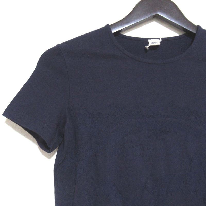 Hermes Exlibris Short Sleeve Crew Neck T-Shirt Size 34 Navy Women's Used