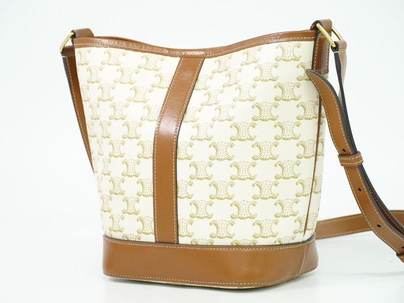 Authentic Celine Triomphe Small Bucket Shoulder Bag Pochette PVC White Brown