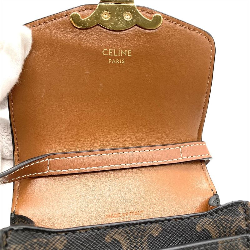 Celine Triomphe Mobile Pouch Pochette Leather Brown Gold Hardware Signature