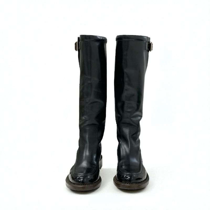 Chanel Boots Long Boots Shoes Leather Patent Black Gold Logo
