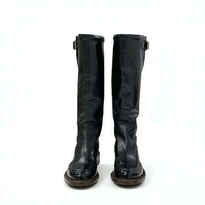 Chanel Boots Long Boots Shoes Leather Patent Black Gold Logo