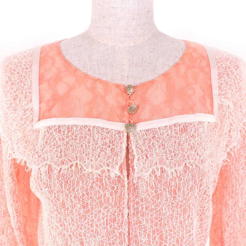 CHANEL P38256 Coco Mark Button Ribbon Belt Full Lace Cardigan Bolero Salmon