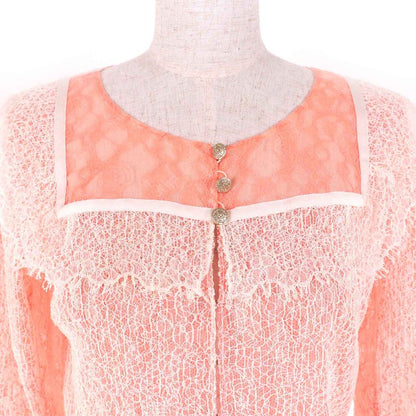 CHANEL P38256 Coco Mark Button Ribbon Belt Full Lace Cardigan Bolero Salmon